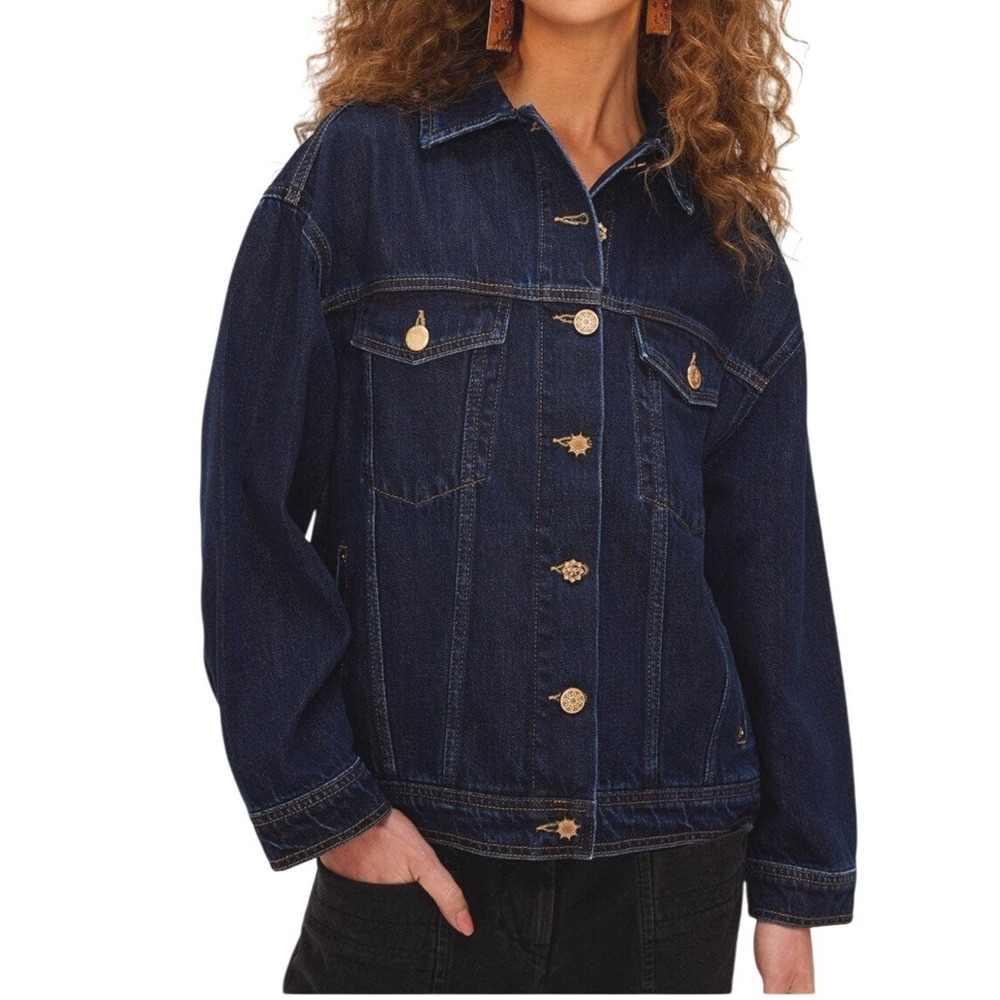 FARM‎ Rio Dark Denim Jacket Women Large Indigo Sun Button Front Relaxed Cotton